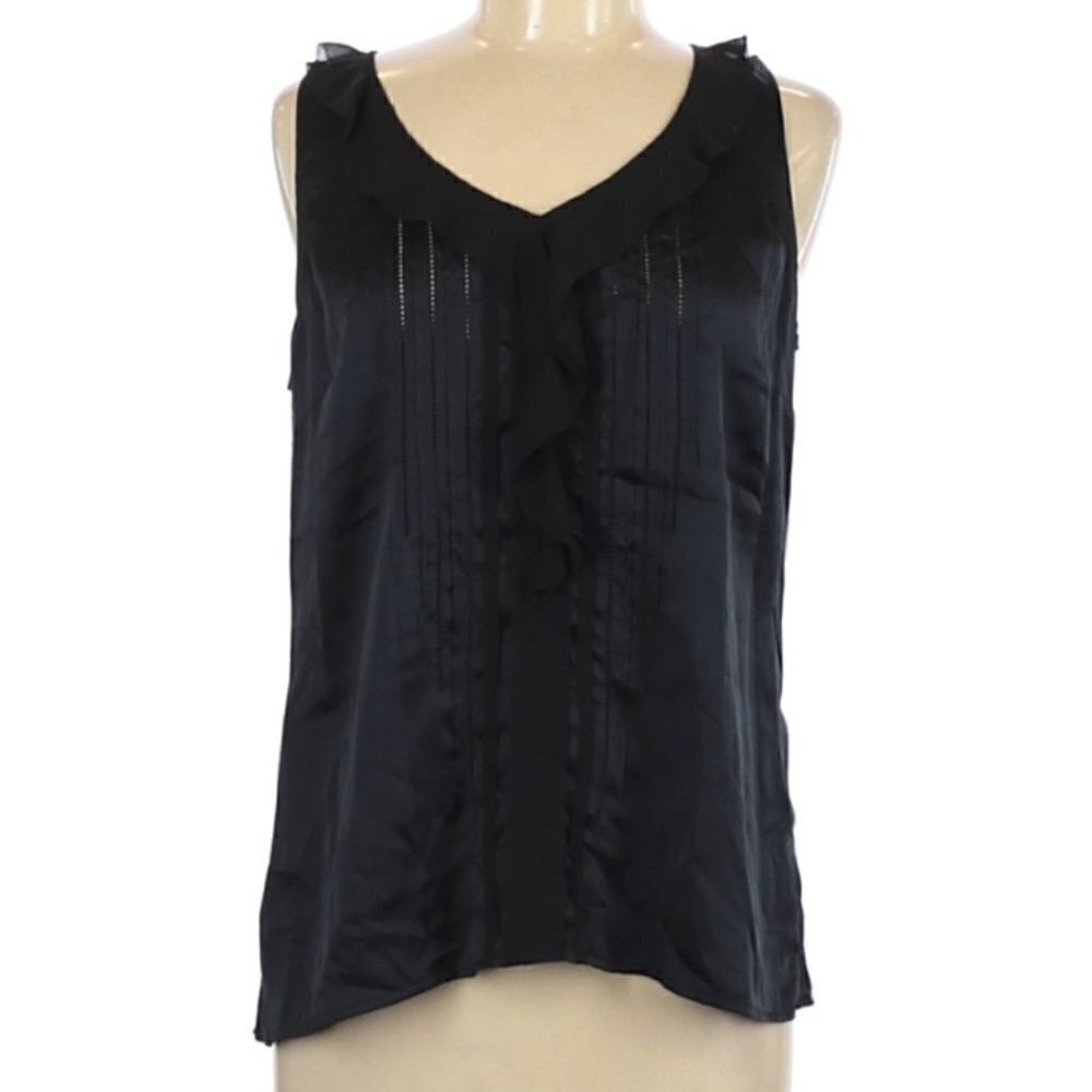 WHBM Black Silk Ruffle V-neck Tank Blouse Size Medium